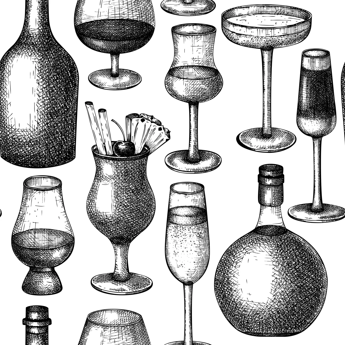 Alcoholic beverages seamless pattern. Hand-sketched alcoholic drinks glasses and bottles background. Popular alcohol drinks backdrop for bar or restaurant menu. Vintage bar design. Illustration